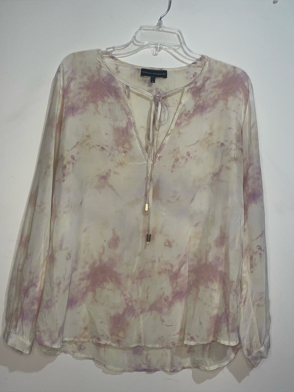 Karina Grimaldi Tie Front Yellow Pink Tie Dye 100% Silk L Long Sleeve Top